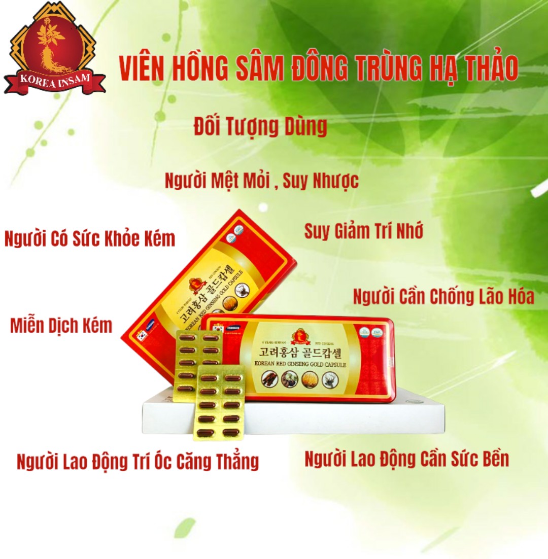 Viên Hồng Sâm Korea Red Ginseng Gold Capsule Đông Trùng Hạ Thảo kết hợp Nấm Linh Chi và Nhung Hươu date 2025 tăng cường sức khỏe,giảm mệt mỏi,tăng cường sinh lực.(hộp 120v). Tặng kèm 1 hộp kẹo Sâm mềm Hàn Quốc 200g