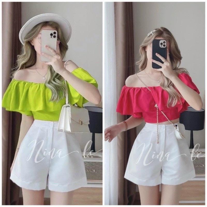 Sét bộ đồ nữ áo kiểu trễ vai có khóa kéo phối quần đùi trắng trẻ trung
