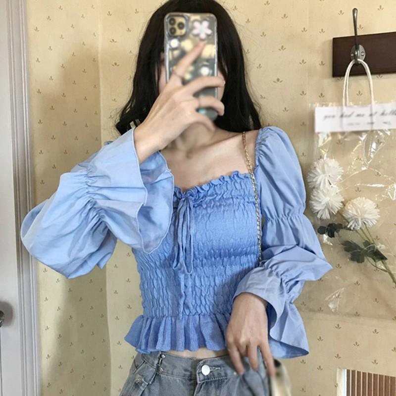 Áo Kiểu Tay Dài Cổ Vuông Thiết Kế Màu Trơn Thanh Lịch