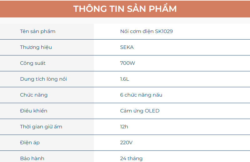 Nồi Cơm Điện Tách Đường 1.6L Seka SK1029 Công Suất 700W Lòng Nồi Ceramic, Bảng Điểu Khiển OLED - Hàng Chính Hãng