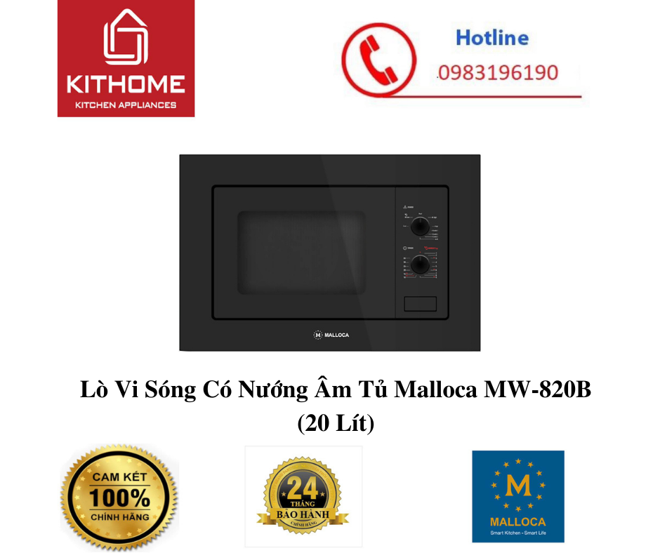 Lò Vi Sóng Có Nướng  Âm Tủ Malloca MW-820B (20 Lít) - Hàng Chính Hãng