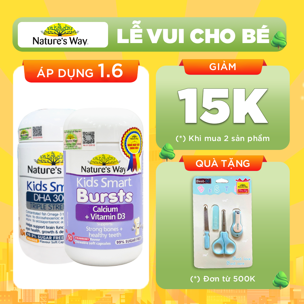 Combo Phát Triển Trí Não, Tăng Chiều Cao NATURE'S WAY Gồm Kids Smart DHA 300mg + Calcium, Vitamin D3 Cho Bé Từ 1 Tuổi