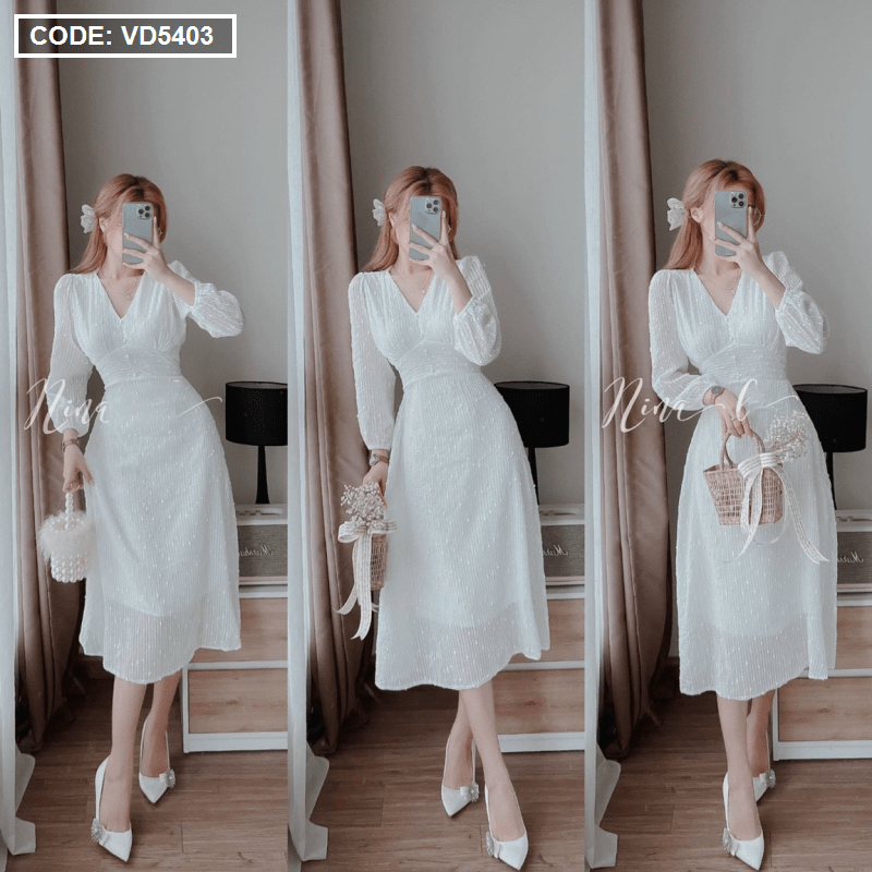 Đầm trắng nữ tay dài nút ngọc vải kim tuyến