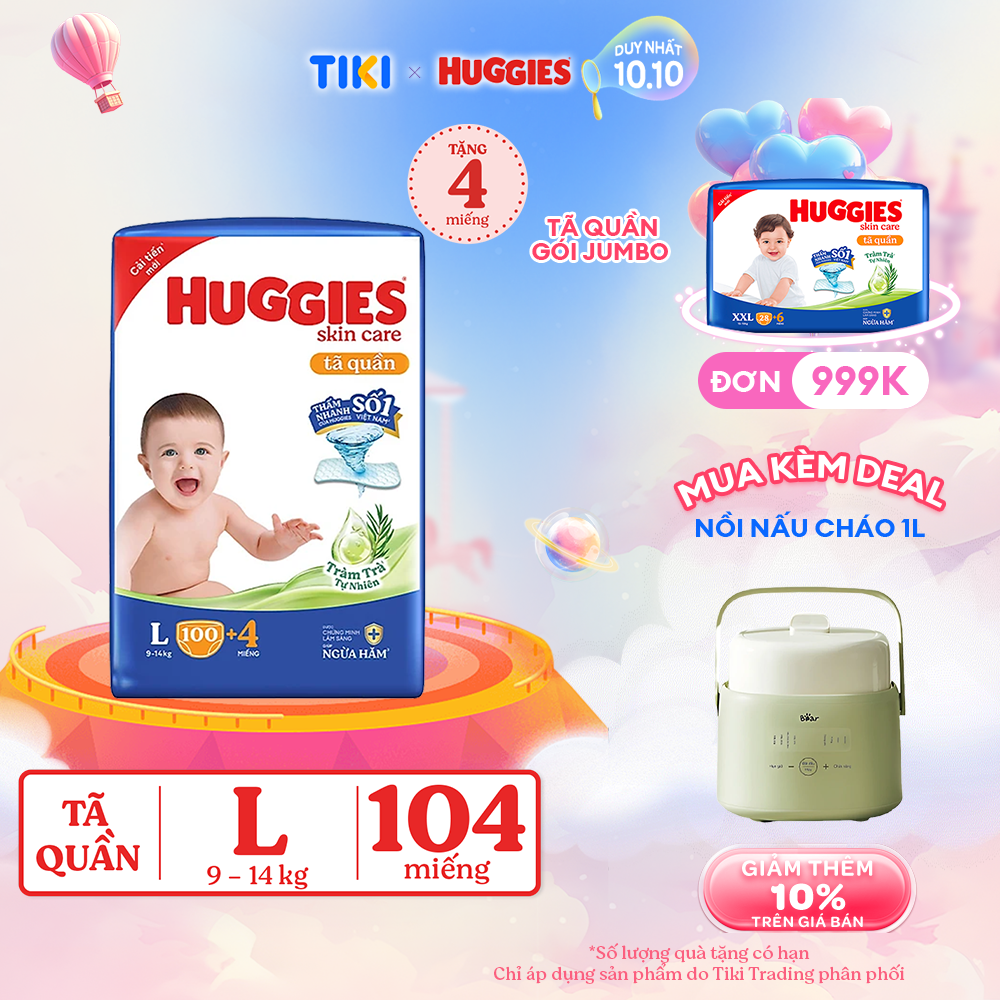 Tã quần Huggies Skin Care Mega Jumbo L100+4 miếng với tràm trà dịu da