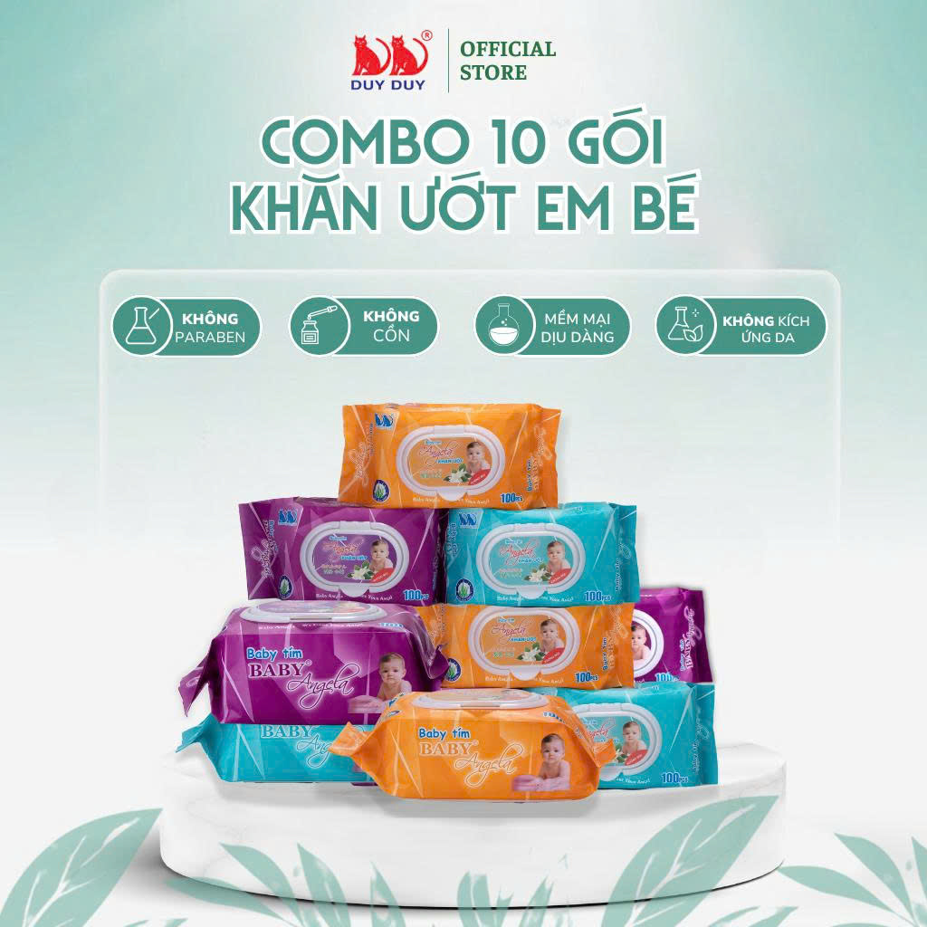 Combo 10 gói  Khăn ướt cho bé Angela baby tím vải không dệt rayon cao cấp 100 miếng (13.5x20cm) không cồn