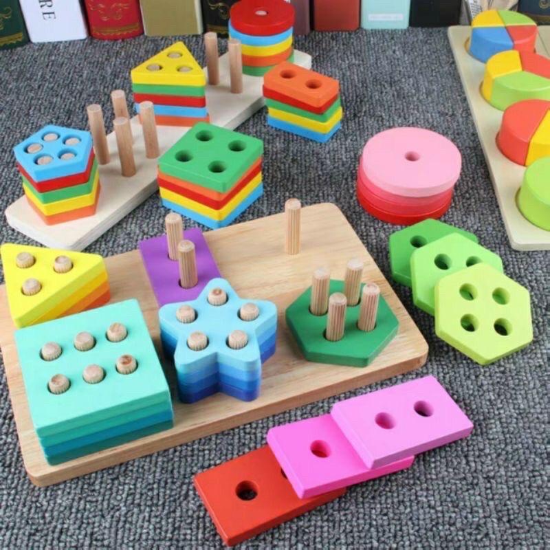 Bộ thả hình khối 6 cọc trụ bằng gỗ, đồ chơi trí tuệ cho bé học hình khối, học màu sắc
