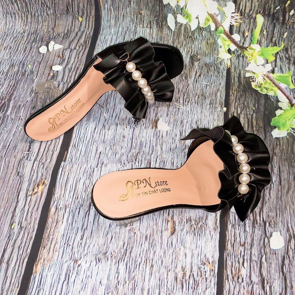 Guốc/dép cao gót trong 7p quai dún bèo kết châu tròn