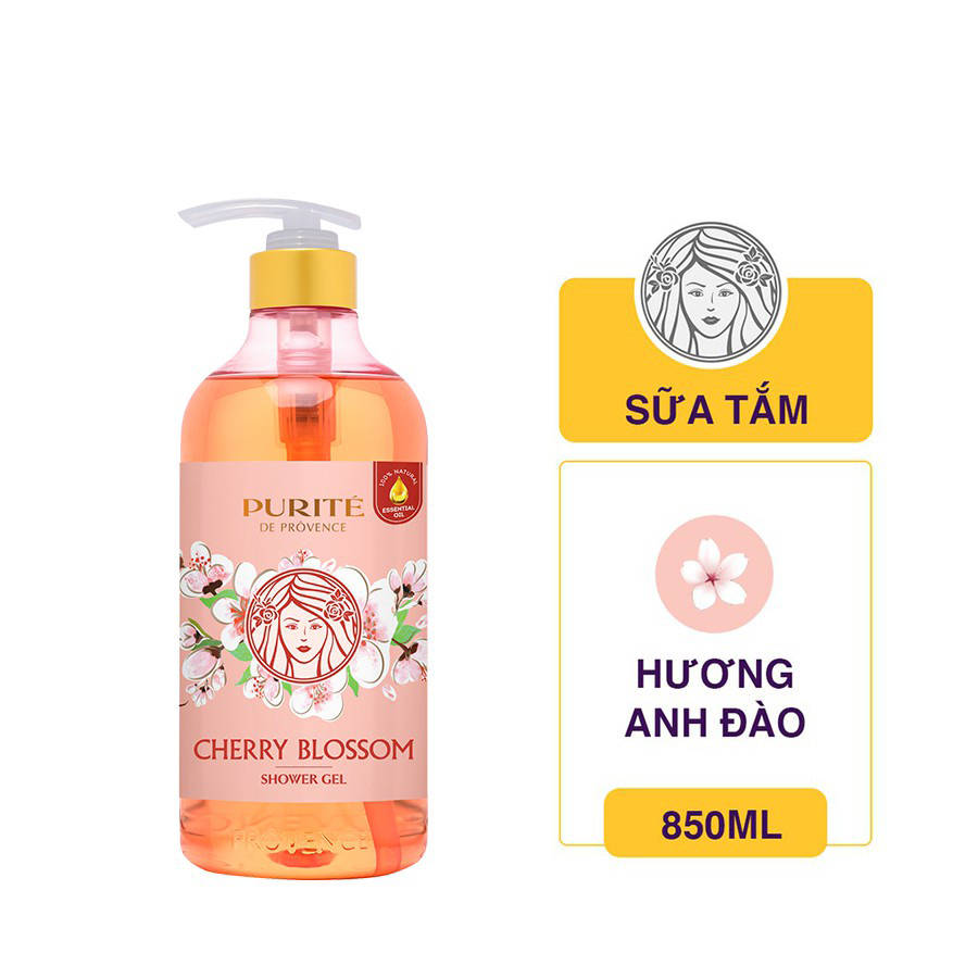 Combo Sữa Tắm Thiên Nhiên Mềm Mịn Hoa Hồng Purité 850ml/chai + Sáng Mịn Hoa Anh Đào 850ml/chai