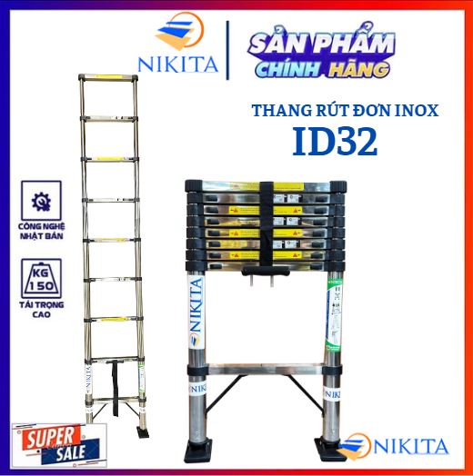 Thang Nikita  inox rút đơn 3,2 m tiện cất gọn, di chuyển, chống trượt an toàn, tải trọng đến 150kg