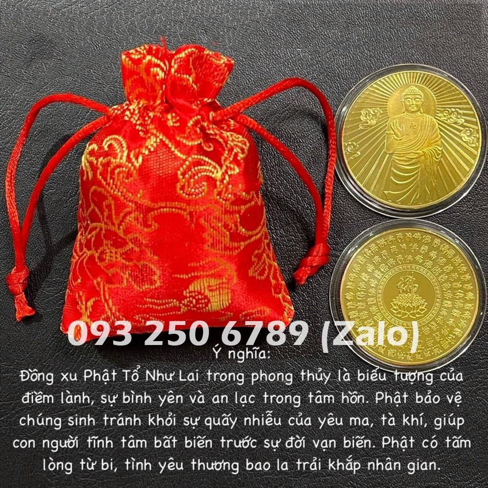 Hình ảnh Đồng Xu Phật Tổ Như Lai Mạ Vàng Phong Thuỷ May Mắn, mẫu Đứng, tặng túi gấm đỏ, Tiền lì xì tết 2023 , NELI