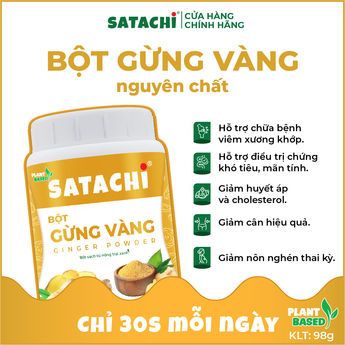 Bột Gừng Vàng SATACHI nguyên chất. Hỗ trợ điều trị khó tiêu mãn tính, giảm đau cơ bắp, giảm viêm, giảm cân. Hộp 98g và 318g