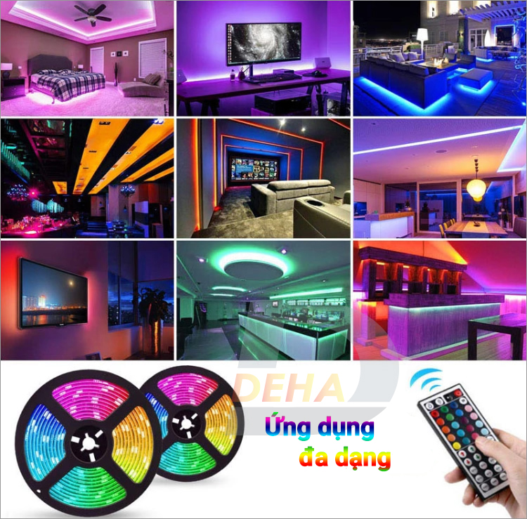 Bộ đèn Led dây dán RGB đổi màu điều khiển từ xa chọn màu đứng yên, nhấp nháy strip light trang trí quay Tiktok dán tường, bàn máy tính, chống nước bền đẹp (Tùy chọn loại led, chiều dài dây)