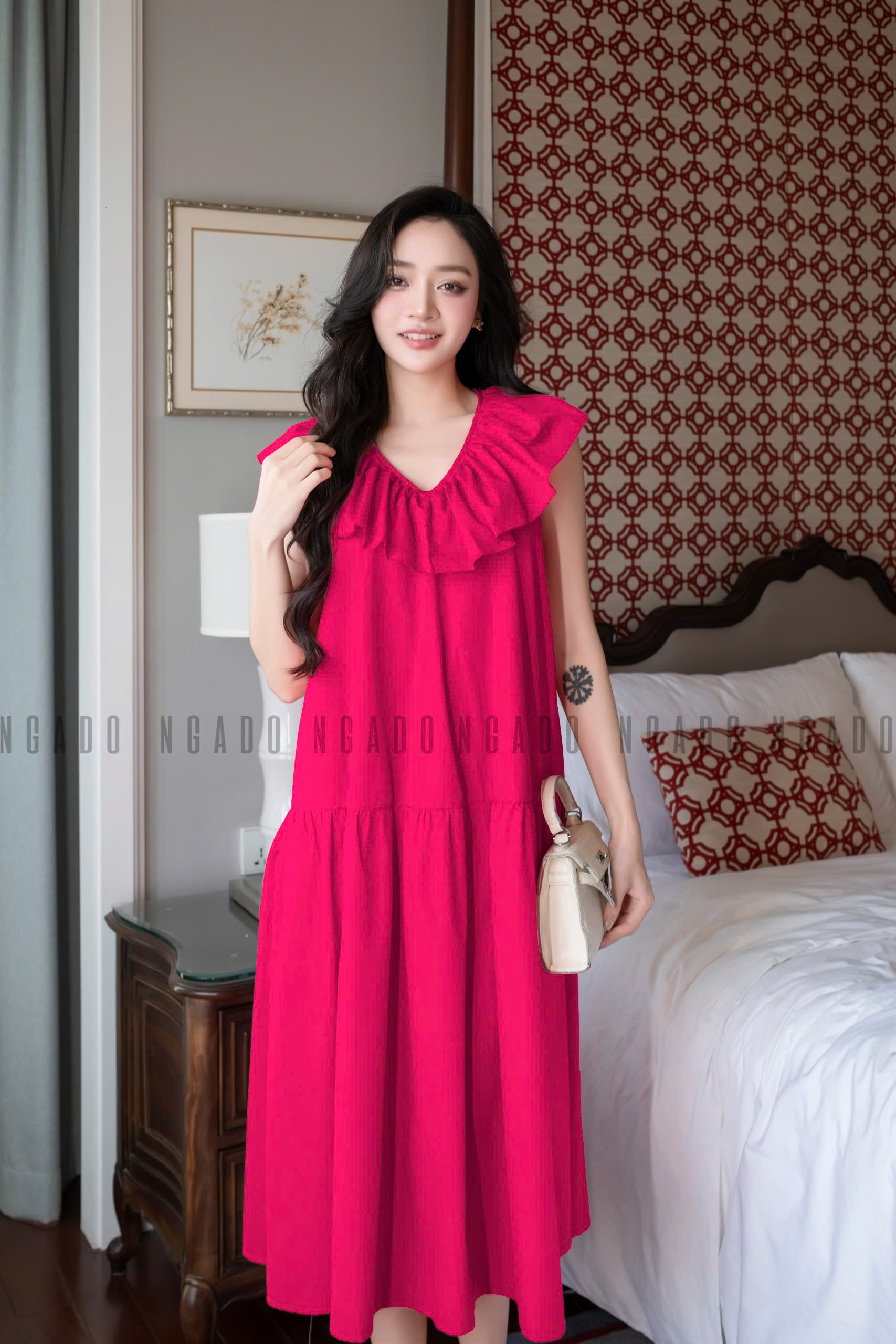 Đầm babydoll hồng sen cổ nhún NGADO , đầm babydoll dài , đầm kiểu Nữ