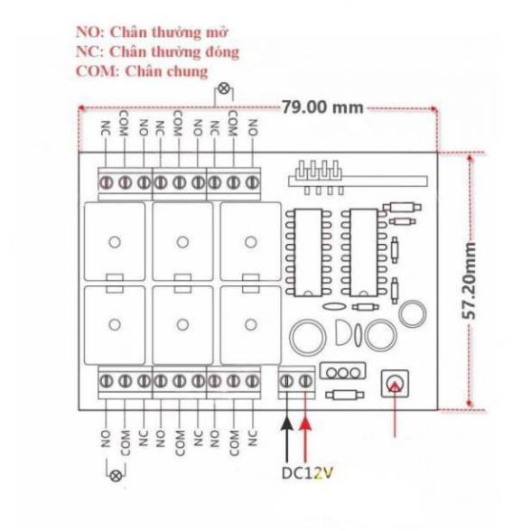 Mạch công tắc điều khiển từ xa 6 cổng học lệnh RF 4 chế độ 12VDC