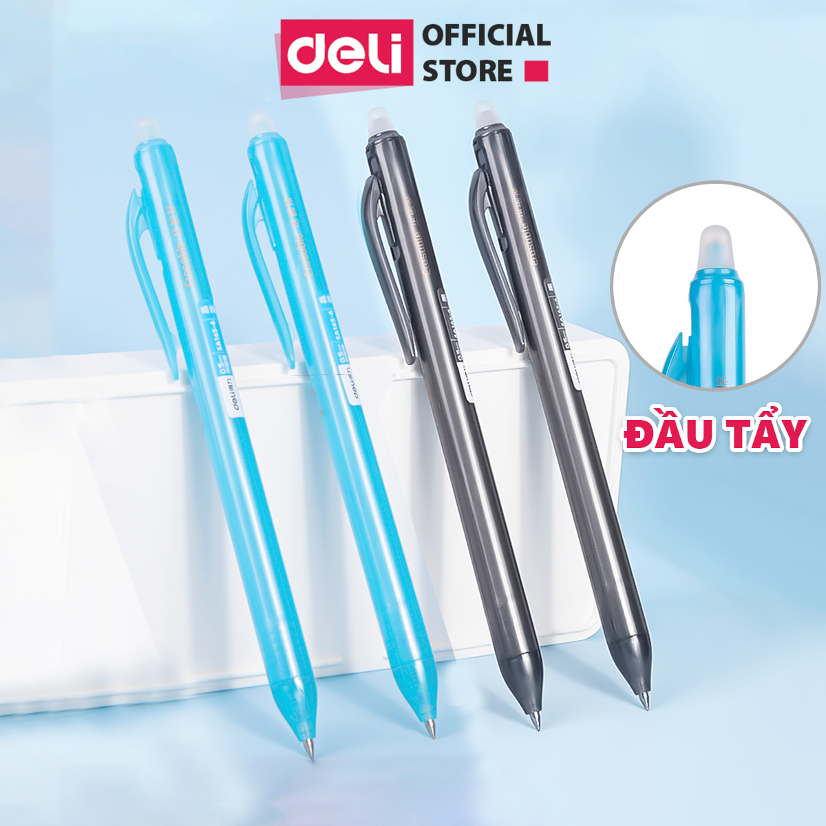Bút Bi Gel Bấm Bút Mực Xóa Được Văn Phòng Deli Ngòi 0.5mm Học Sinh, Mực Đều Nét Chữ Đẹp - Xanh/Đen - 1 chiếc