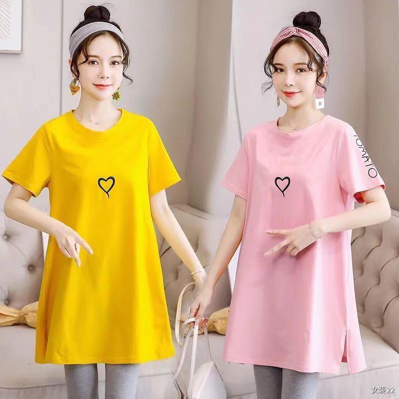 Áo thun bà bầu 2021 hàng đầu Mùa hè váy ngắn tay trung dài, bộ đồ hai mảnh, váy mùa hè từ bi