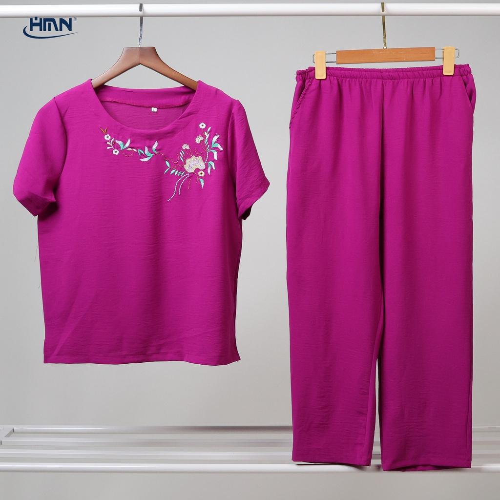 Set đồ bộ trung niên nữ áo thun tay ngắn thêu hoa trước ngực áo kèm quần dài/lửng vải đũi linen cao cấp - HMN Fashion