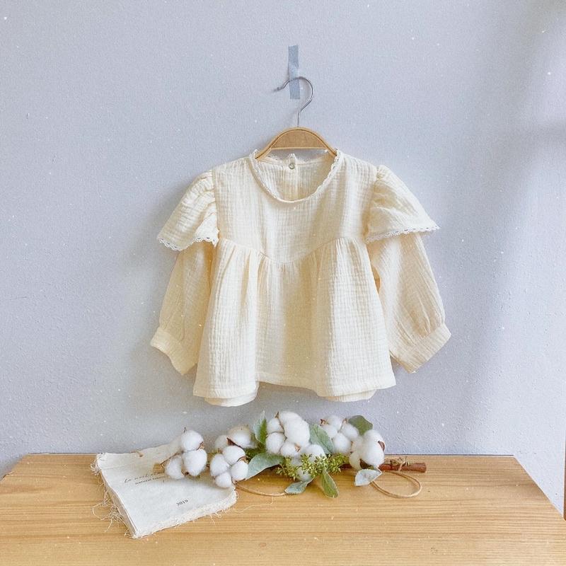 Áo Muslin Dài Tay Viền Ren Vintage - Áo Dài Tay Chất Xô Mềm Mại Style Hàn Quốc Cho Bé Gái