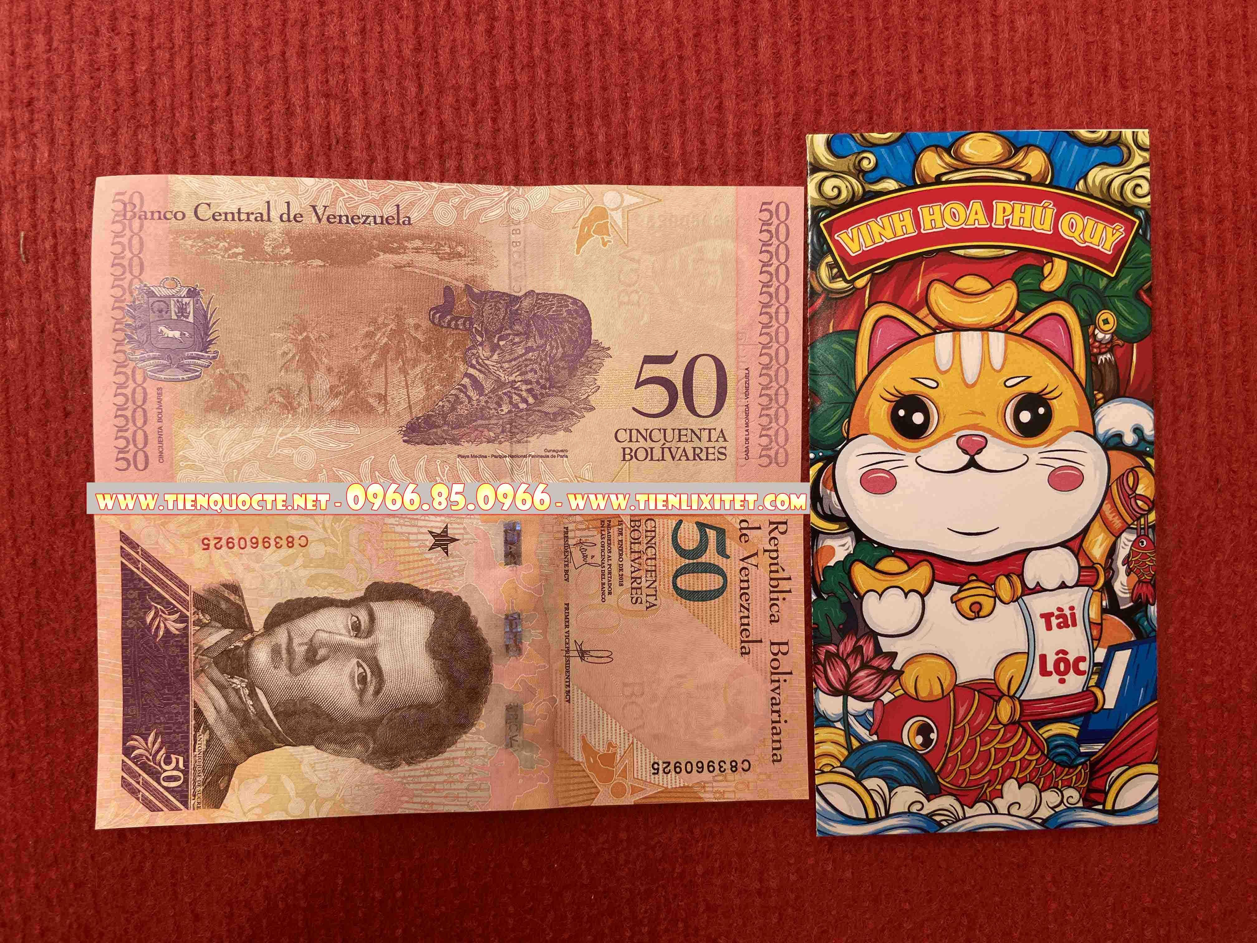 Lì xì tết 2023 tờ Tiền Venezuela hình con mèo 2023, tặng bao đỏ may mắn