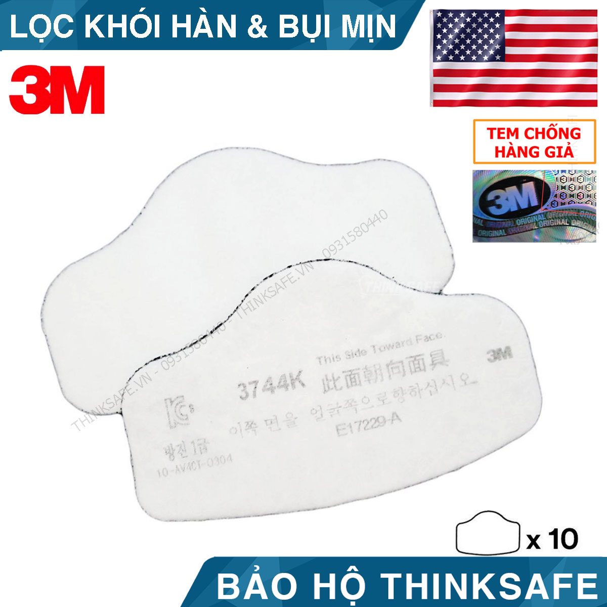 Bông lọc bụi hóa chất 3M 3744K lọc bụi hơi hữu cơ khói hàn ( 10 TẤM), thường kết hợp với mặt nạ 3200, HF52