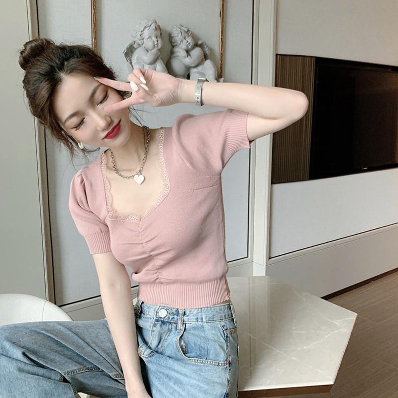 Áo Thun Dệt Kim Tay Phồng Phối Ren Xinh Xắn Cho Nữ