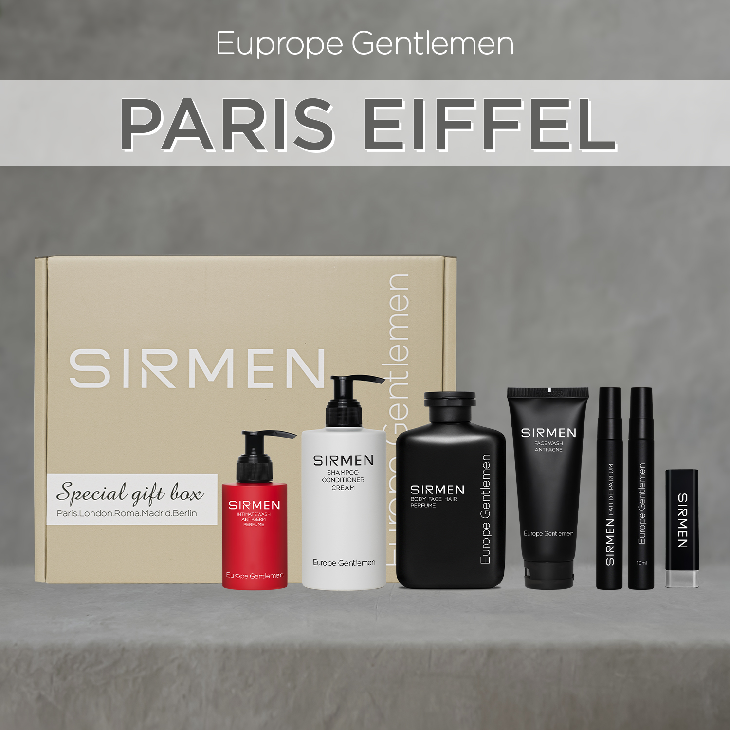 Gift box 6 Paris Eiffel Nước hoa nam - Sữa tắm - Dầu gội xả dưỡng - Dung dịch vệ sinh - Sữa rửa mặt - Son Dưỡng SIRMEN