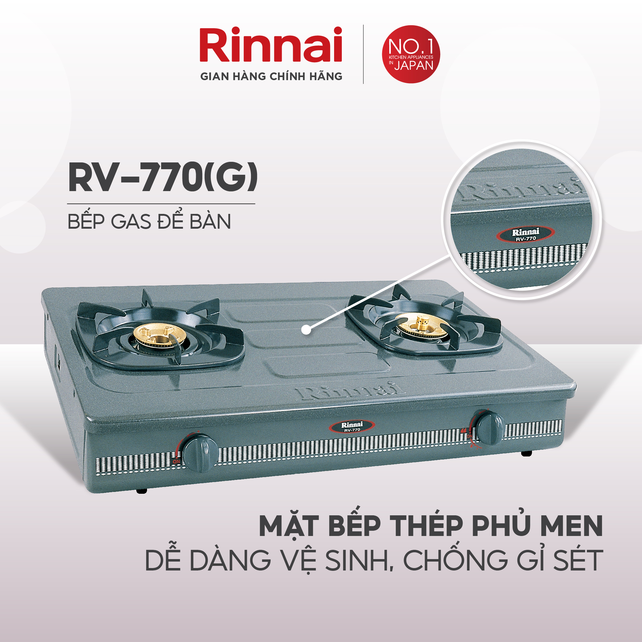 Bếp gas dương Rinnai RV-770(G) mặt bếp men và kiềng bếp men - Hàng chính hãng.