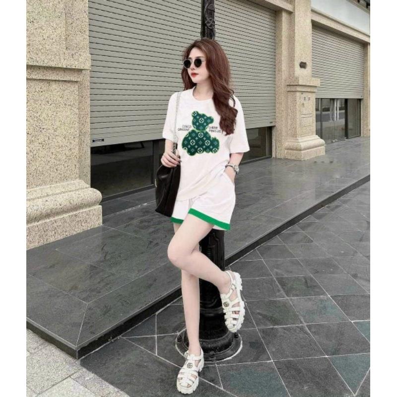 Bộ đồ nữ quần đùi ngắn áo thun cotton 100% form rộng thêu hình gấu, bộ đồ thể thao đi chơi, bộ đồ mặc ở nhà siêu xinh