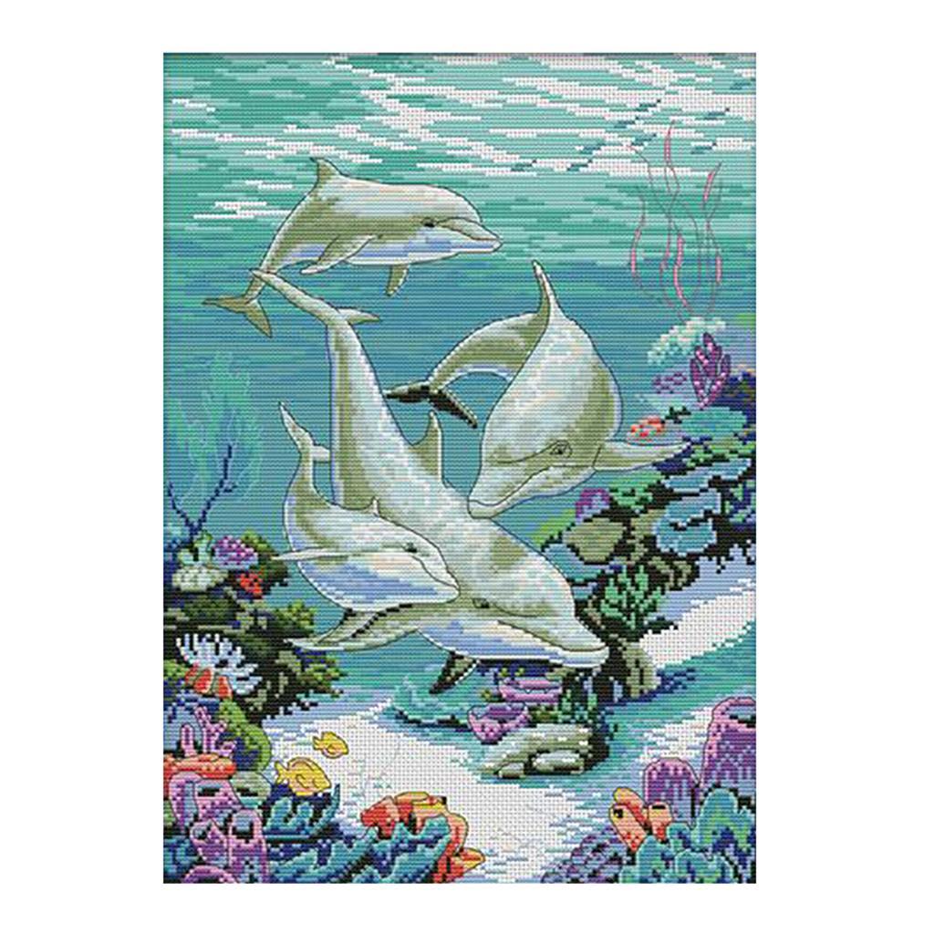 DIY Stamped Cross Stitch Kit Pre-Printed Sea Animals Pattern Embroidery Kits
