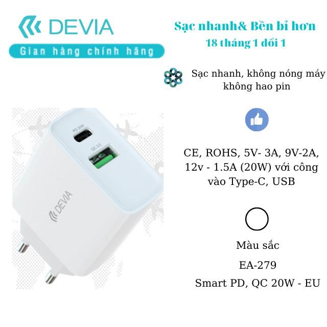 Củ sạc nhanh Devia Smart PD+ QC chuẩn EU 20W- hàng chính hãng