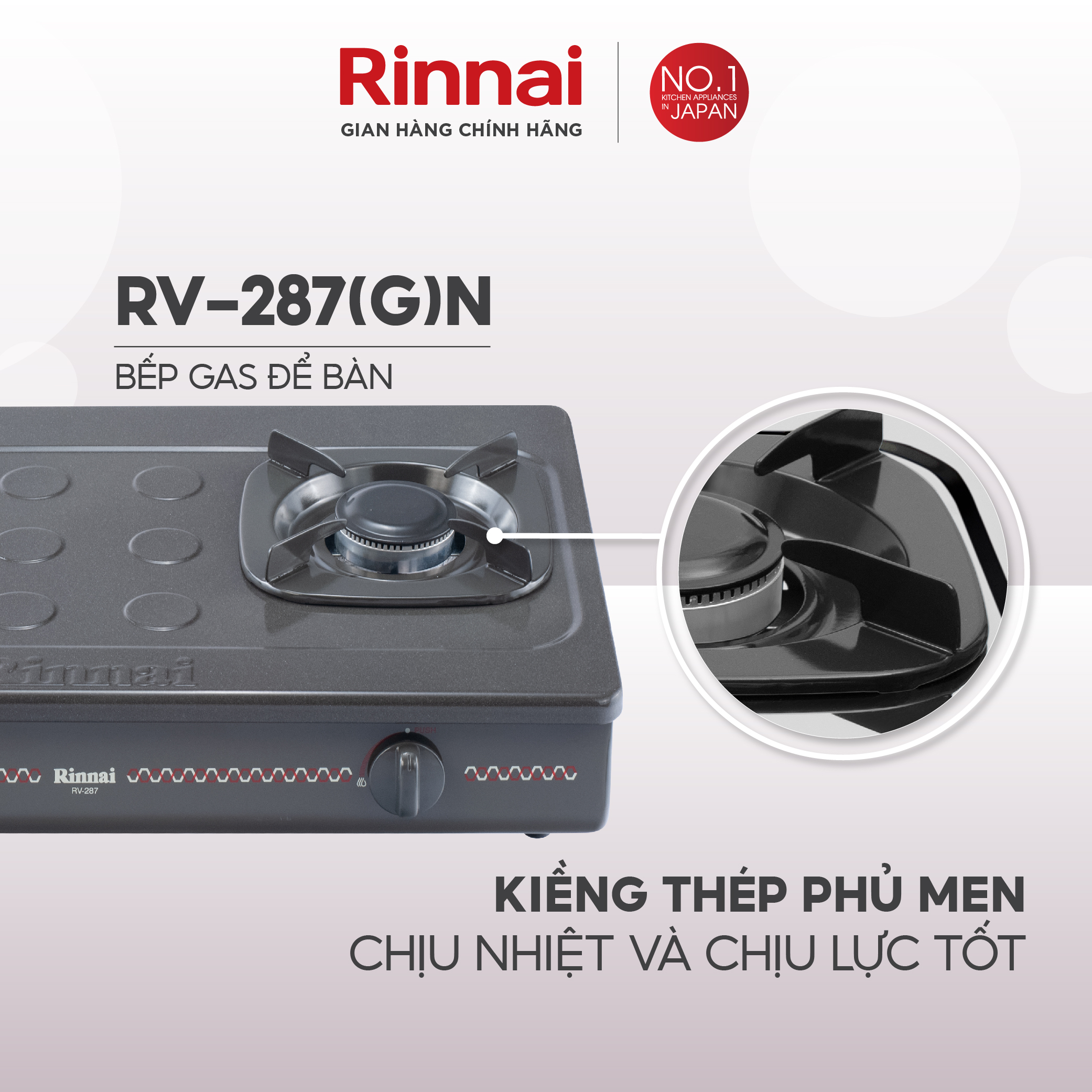 Bếp gas dương Rinnai RV-287(G)N mặt bếp men và kiềng bếp men - Hàng chính hãng.