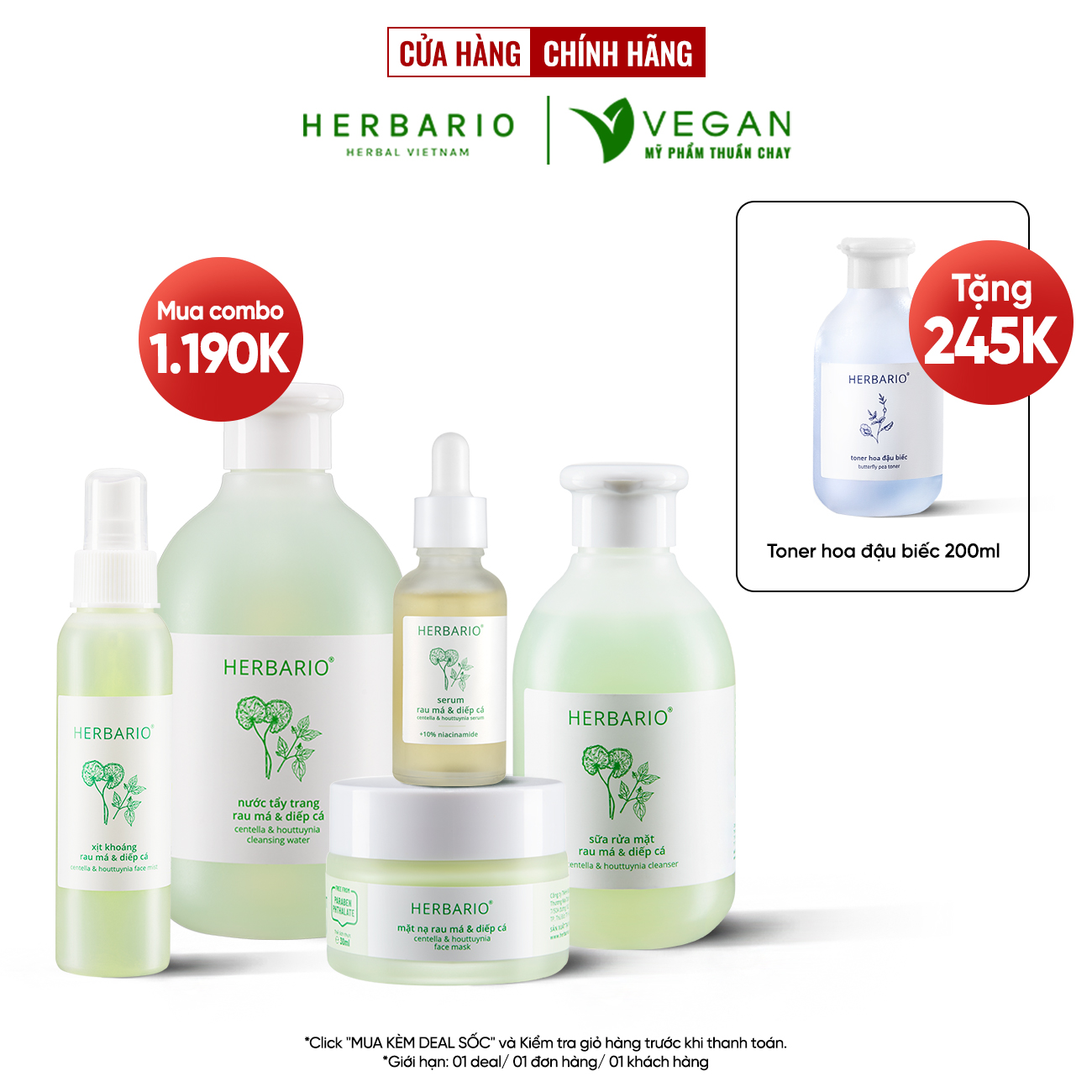 Bộ 5 Chăm Sóc Da Rau má và Diếp cá Herbario: Nước tẩy trang 300ml + Sữa rửa măt 200ml + Xịt khoáng 100ml +Mặt nạ 30ml+Tinh chất 30ml