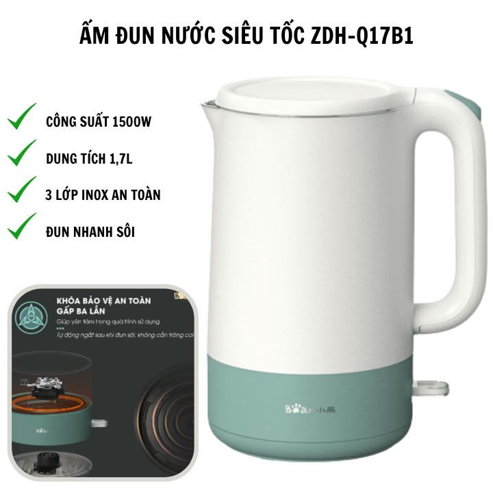 Ấm Đun Nước Siêu Tốc Sothing Bear ZDH-Q17B1 Dung Tích 1,7l, 3 Lớp Inox Đun Siêu Nhanh- Hàng Chính Hãng