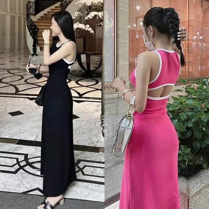 ĐẦM THUN SUÔNG ÔM BODY SÁT NÁCH 3 LỖ DÀI MIDI HỒNG BARBIE TRƠN HAI DÂY MAXI ĐI BIỂN DẠO PHỐ DỰ TIỆC