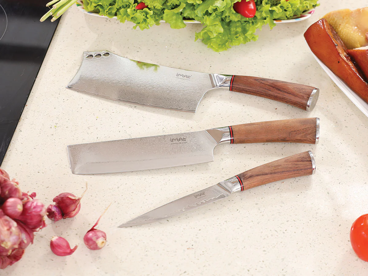 Dao nhà bếp Damascus iMat, lưỡi bằng thép không gỉ 9Cr18, cán gỗ cẩm lai tự nhiên - Bộ 2 chặt &amp; gọt Damascus