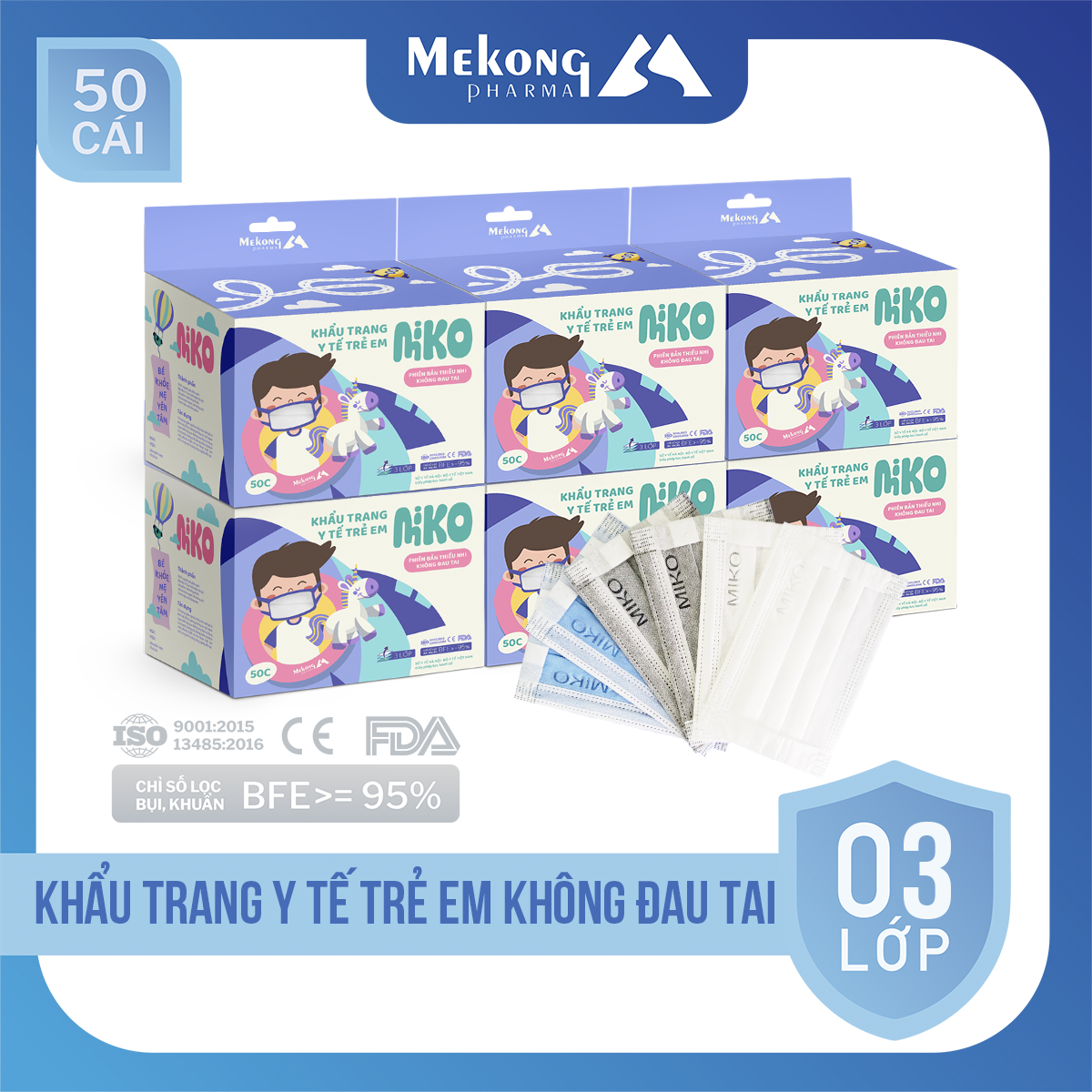 Combo 6 Hộp Khẩu trang trẻ me MiKo cao cấp, có dây đeo mềm không đau tai