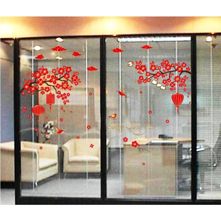 Decal trang trí tết - Cành Mai đỏ lồng đèn chữ HPNY vàng ánh