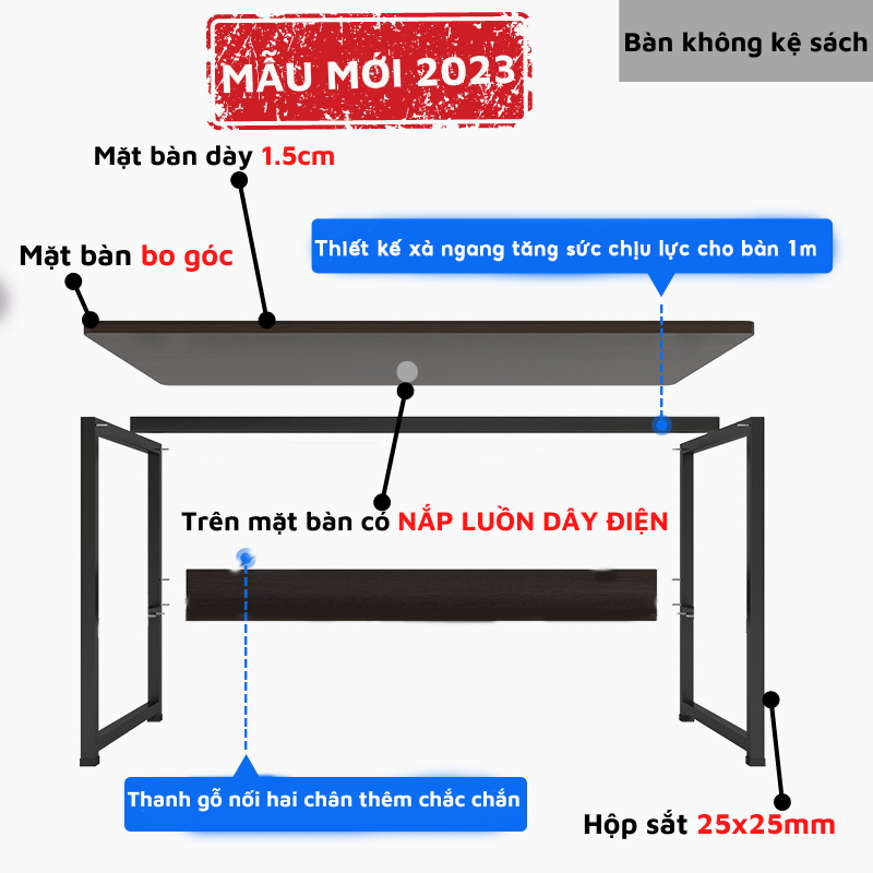 Bàn làm việc đơn giản hộp sắt 25x25mm sơn tĩnh điện chắc chắn, bàn học mặt dày 1.5cm bo góc an toàn dễ dàng đầy đủ phụ kiện