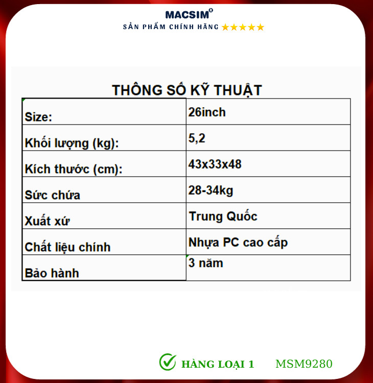 Vali cao cấp Macsim MiXi MSM9280 26inches