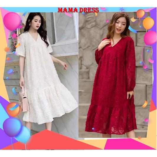 Đầm, váy bầu thời trang MAMADRESS chất ren thiết kế FREESIZE từ 42-75kg cho nàng bầu công sở V09