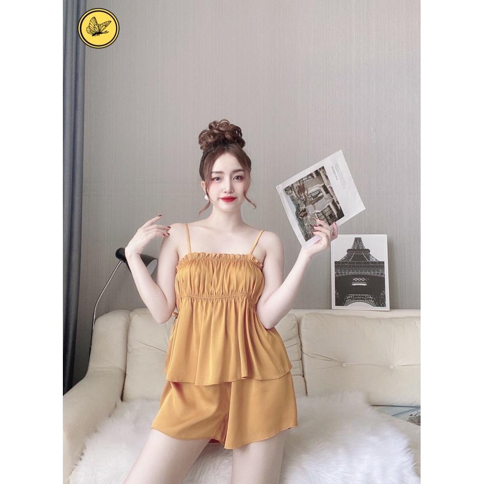 Đồ Bộ Mặc Nhà Nữ, Đồ Ngủ Nữ 2 Dây Satin, Kiểu Nhún Thun Eo Trẻ Trung, Nữ Tính, Kiểu Dáng Thoải Mái, Dưới 55 KG