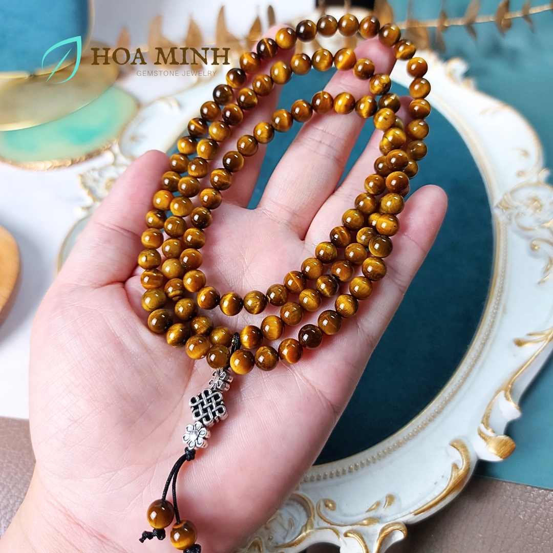 Vòng tay đá Mắt Hổ vàng nâu VIP 5A tự nhiên chuỗi 108 hạt size 6 li phối charm cát tường hoa mai bình an, lộc phát