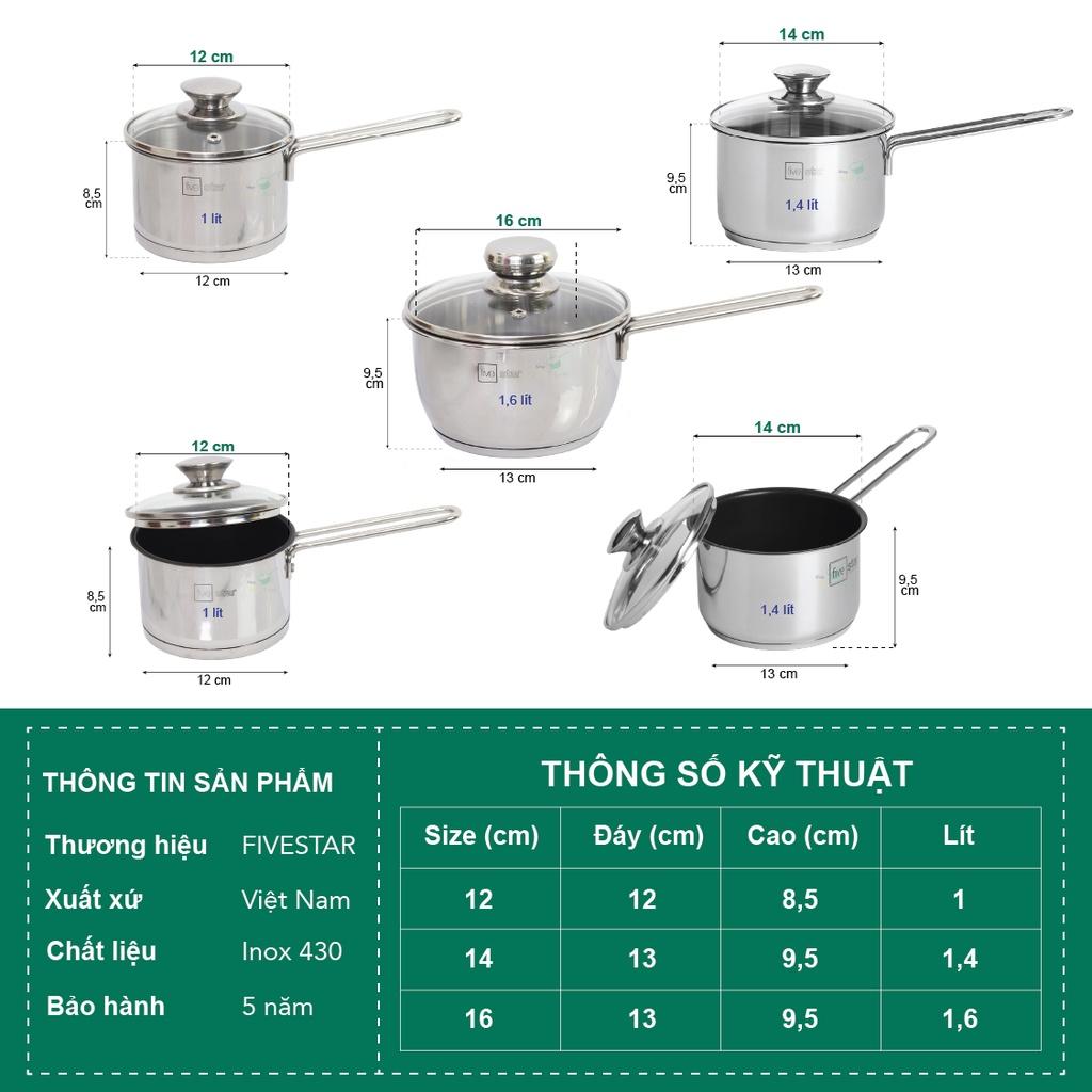 Quánh 3 đáy inox 430 Fivestar Standard nắp kính bếp từ , tặng 1 vá canh