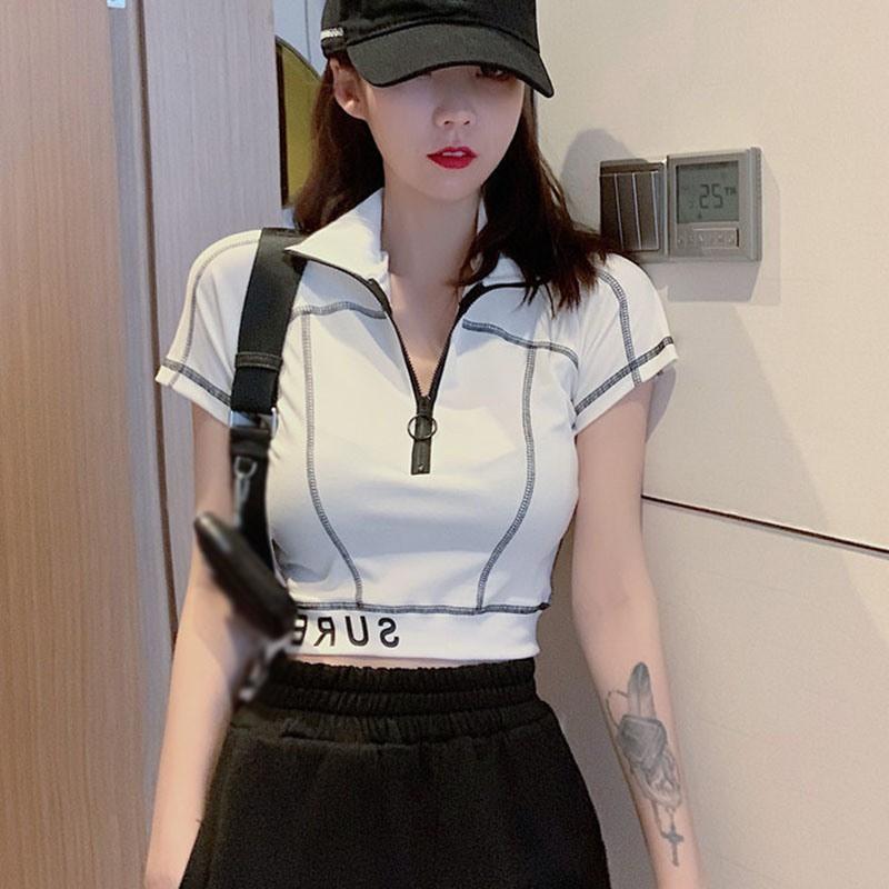 Áo Thun Dệt Kim Tay Ngắn Phối Khóa Kéo Cá Tính Dành Cho Nữ
