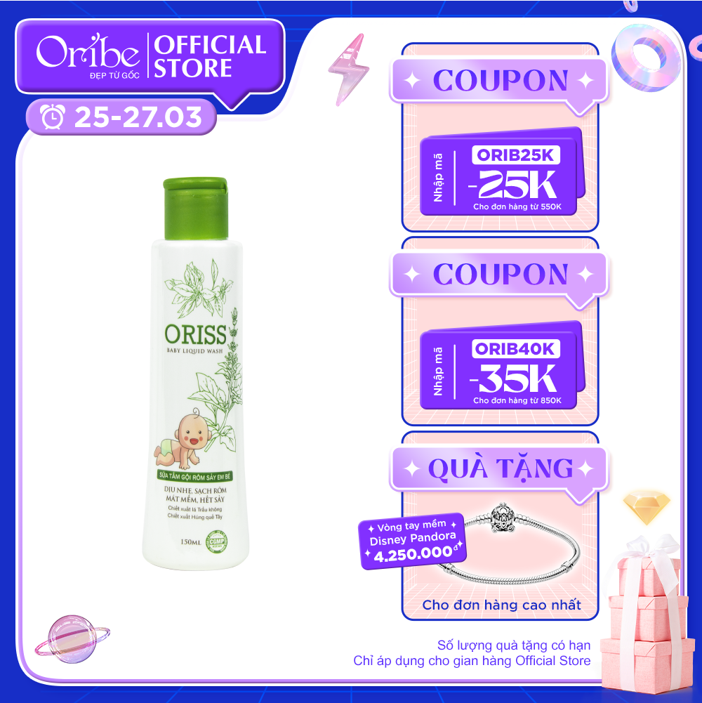Sữa tắm gội hằng ngày cho bé dịu nhẹ không cay mắt hỗ trợ trị rôm sẩy Oriss Baby (chai 150ml)