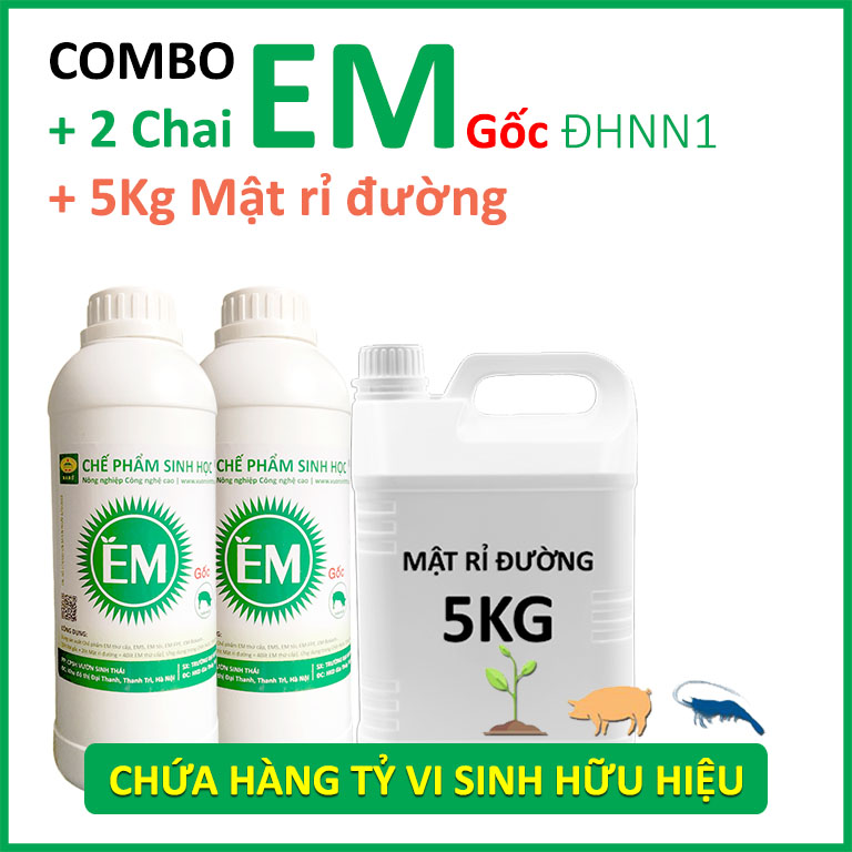Combo 2 lít Chế phẩm sinh học EM gốc và 5kg Mật Rỉ Đường đậm đặc. Men vi sinh chuẩn gốc của Đại học NN1 Hà Nội. Với hàng tỷ vi sinh vật có lợi