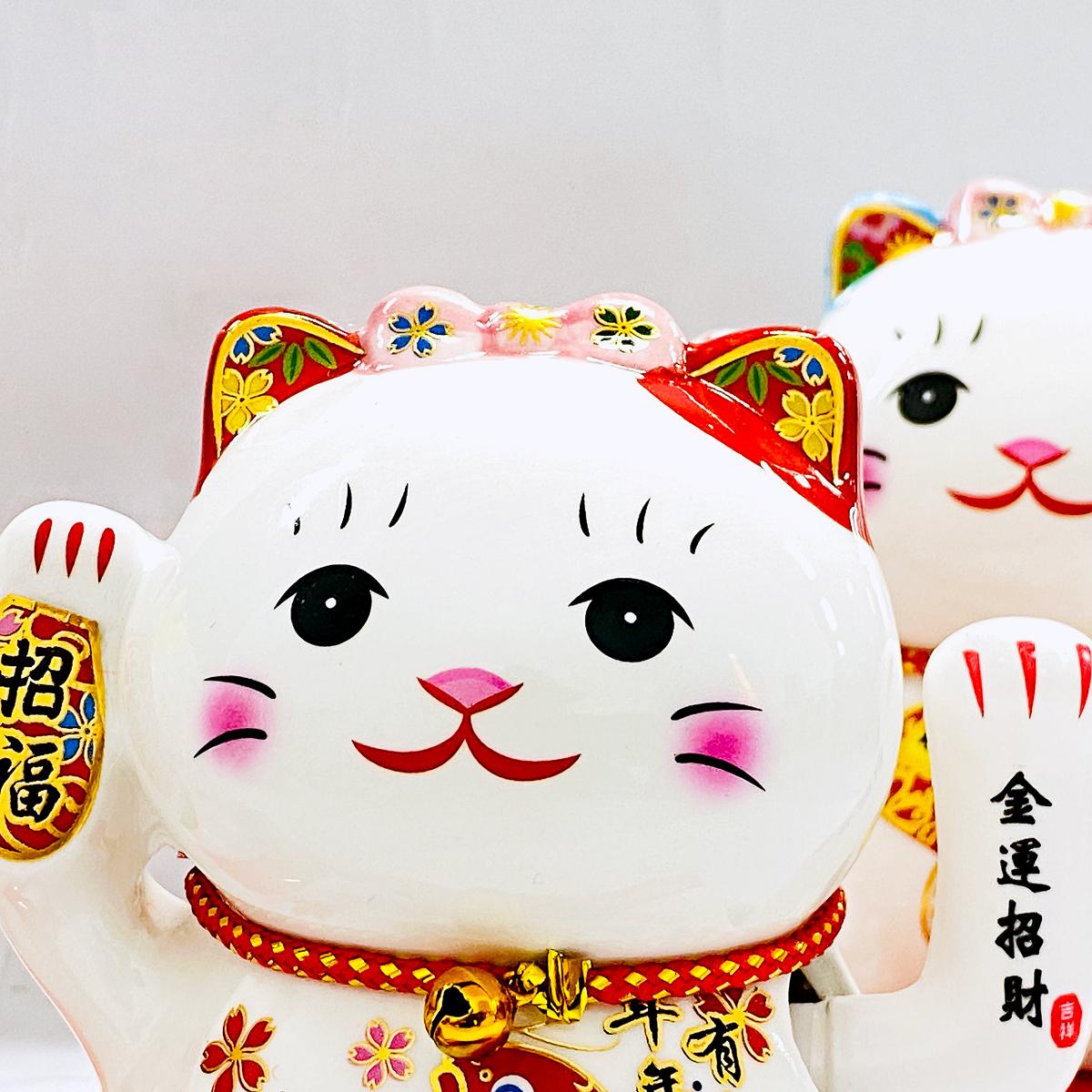 Tượng Mèo Thần Tài Vẩy Tay 12 cm - Trang Trí Tết - T87 - Tai Mèo Màu Hồng