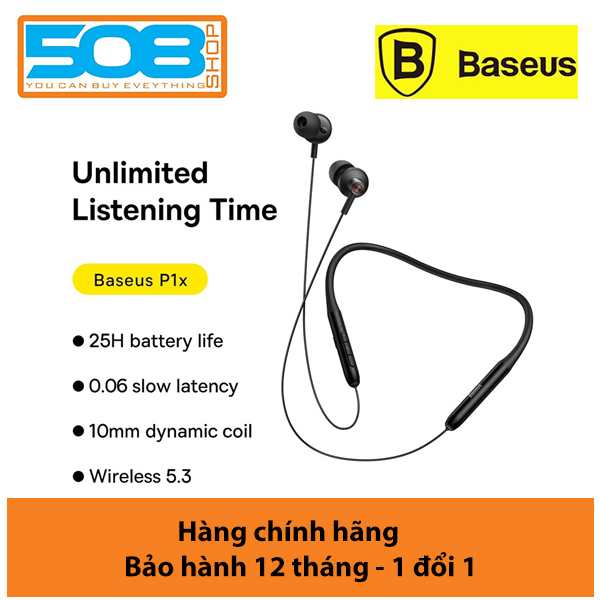 Tai nghe không dây thể thao Bluetooth chống nước Ba-se-us Bowie P1x In-ear (25hr, Bluetooth 5.3, Waterproof Neckband - Hàng chính hãng