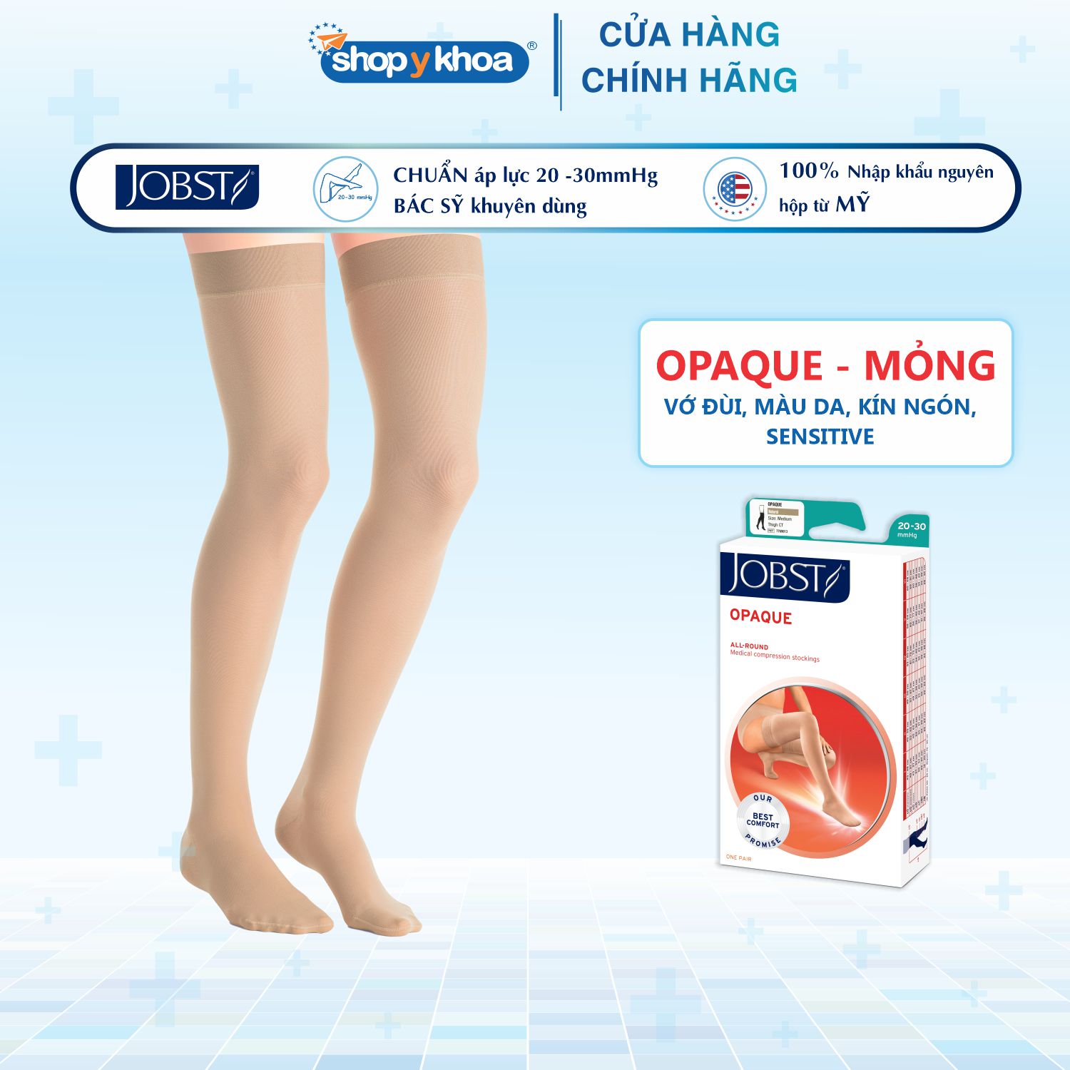 Vớ Y Khoa JOBST Opaque Sensitive Da nhạy cảm - Vớ Đùi, Màu Da, Kín Ngón, Áp Lực 20-30mmHg, 2 chiếc Tất Y Khoa - XL - Da - Kín ngón