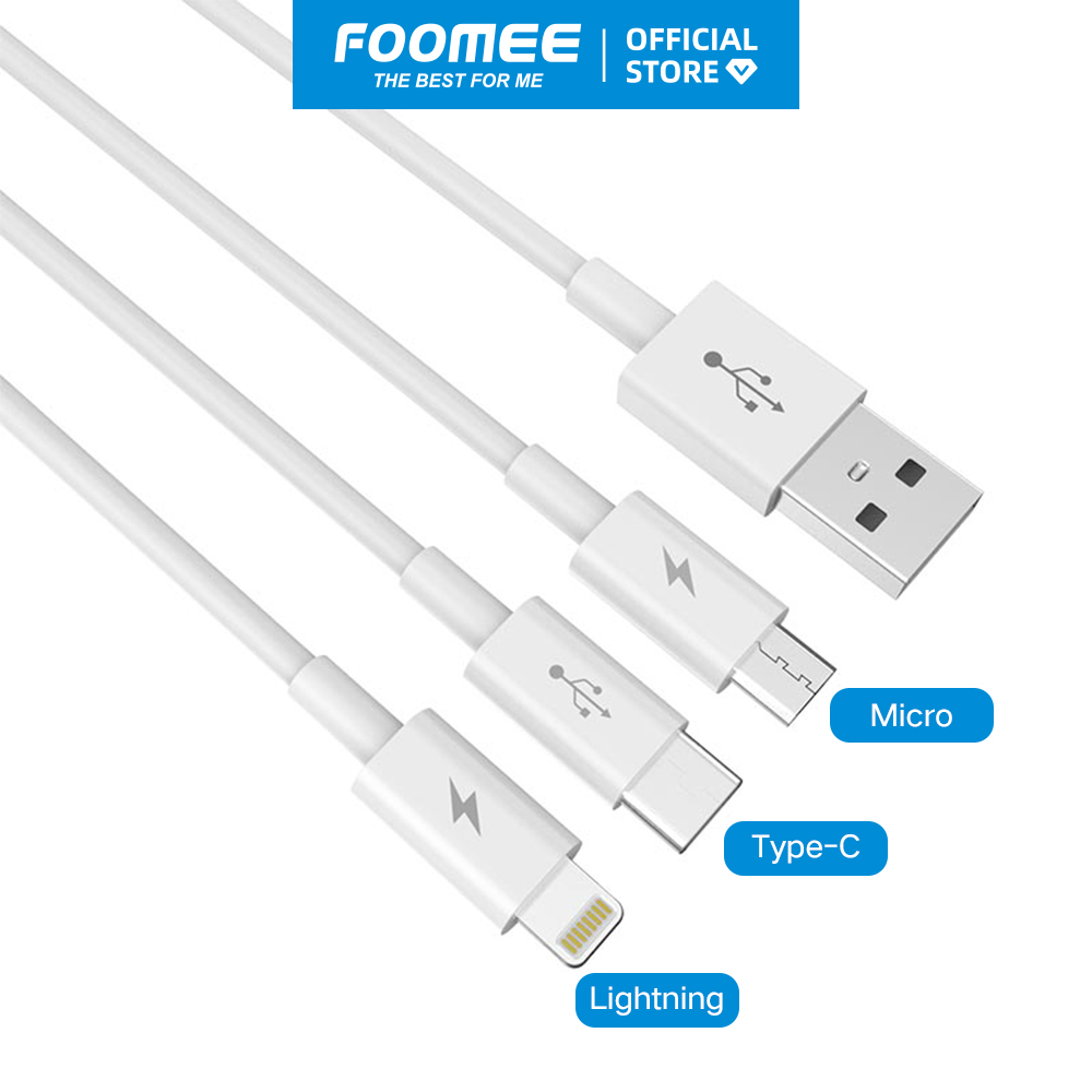 Dây cáp sạc 3 trong 1 (Lightning/Type-C/Micro) FOOMEE TF12 - Màu trắng - Hàng chính hãng